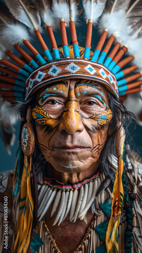 Closeup of a man in a Native American headdress at a tribal chief event