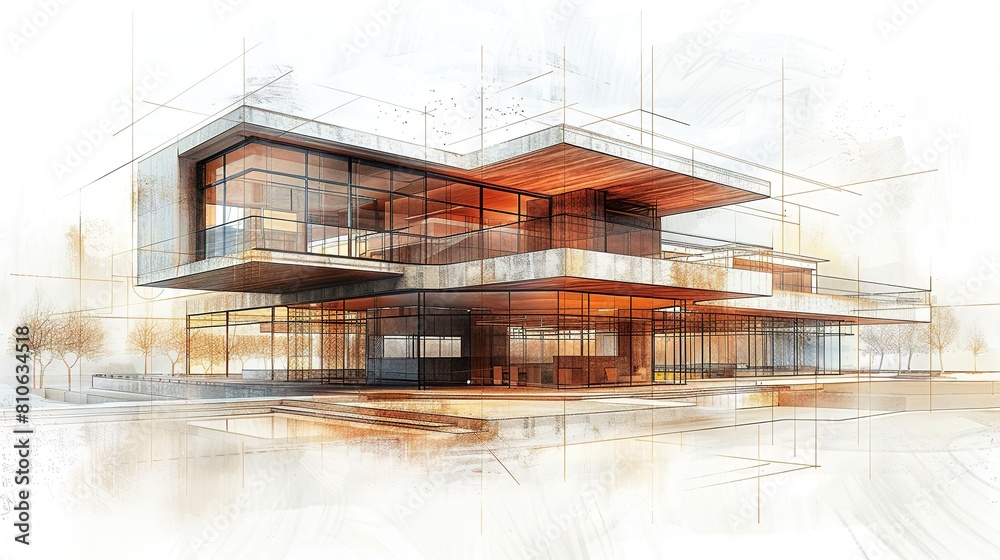 Hand-drawn sketch of architectural design, copy space Hand-drawn sketch of architectural design, copy space