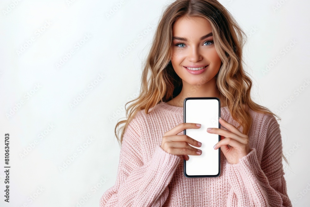 Woman Showcasing Smartphone Mockup created with Generative AI Woman Showcasing Smartphone Mockup created with Generative AI
