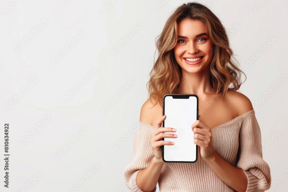Woman Showcasing Smartphone Mockup created with Generative AI Woman Showcasing Smartphone Mockup created with Generative AI