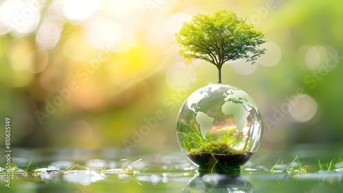 Green tree in glass globe with blurred nature background Earth Day concept. Concept Earth Day, Green Living, Nature Conservation, Sustainability, Environmental Awareness