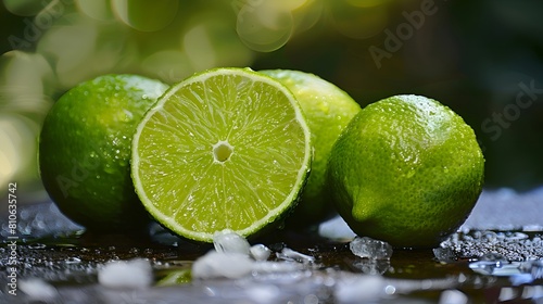 A wooden surface with four green limes, one of which is cut in half