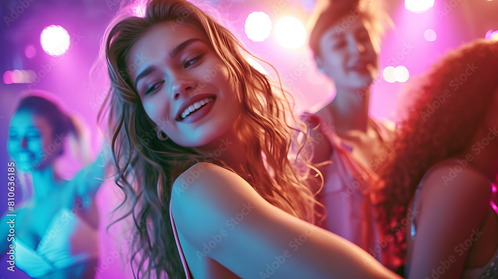 Dance party group people dancing. Women and men have fun in night club. Rest after hard day at work. Back light on girls hair. Dance party group people dancing. Women and men have fun in night club. Rest after hard day at work. Back light on girls hair.