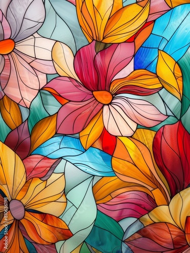 Stained Glass Window Illumination A Floral Symphony of Abstract Design and Radiant Color