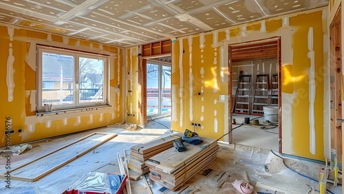 Apartment undergoing construction with gypsum wall installation remodeling and renovation processes. Concept Gypsum Wall Installation, Apartment Remodeling, Renovation Processes photo