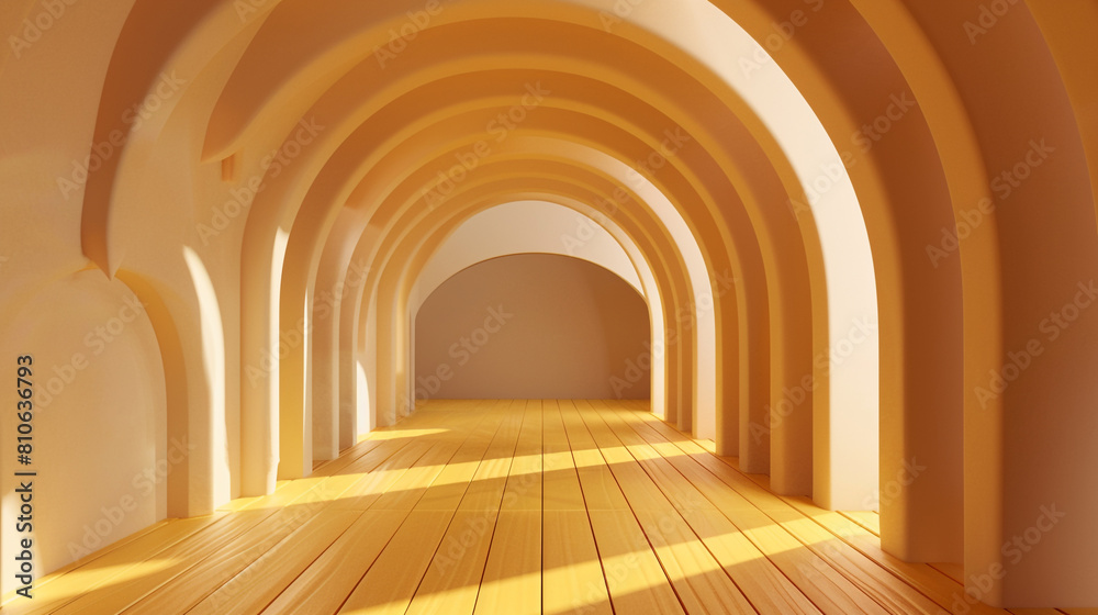 Scalloped arch entrance to an art gallery with a yellow wooden floor and gentle light. 3D render. Scalloped arch entrance to an art gallery with a yellow wooden floor and gentle light. 3D render.