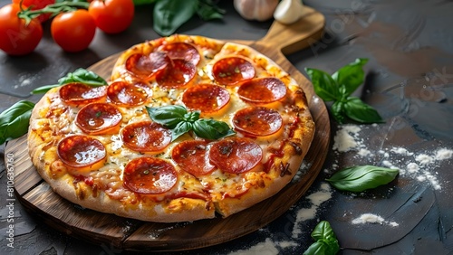 Heartshaped pepperoni pizza on wooden board with basil and tomatoes. Concept Food Photography, Heart-Shaped Pizza, Pepperoni, Basil, Tomatoes