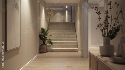Simple and elegant entrance hall with a straight staircase and minimalist decorations in an American townhouse.