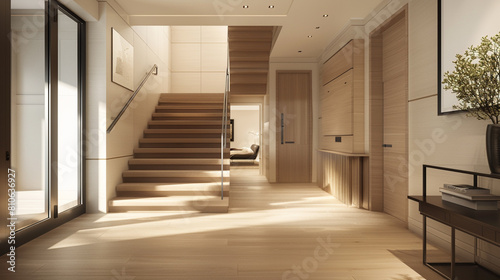 Simple and functional entrance hall with a clean-lined staircase in a minimalist American condo.