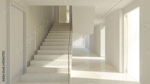 Simple and functional entrance hall with a clean-lined staircase in a minimalist American condo.