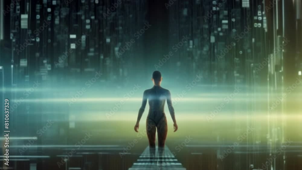 A binary code sequence morphing into a human figure, representing the blurring boundaries between the digital and physical realms.All of the numbers on the walls are different sizes and colors A binary code sequence morphing into a human figure, representing the blurring boundaries between the digital and physical realms.All of the numbers on the walls are different sizes and colors
