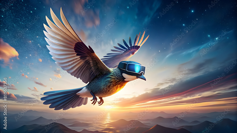 Fototapeta premium Bird Soaring with VR Headset: Freedom in Virtual Reality. Perfect for: Virtual Reality Enthusiasts, Nature Lovers, Adventure Seekers. Virtual Reality, Freedom, Exploration, Nature, Adventure Concept.