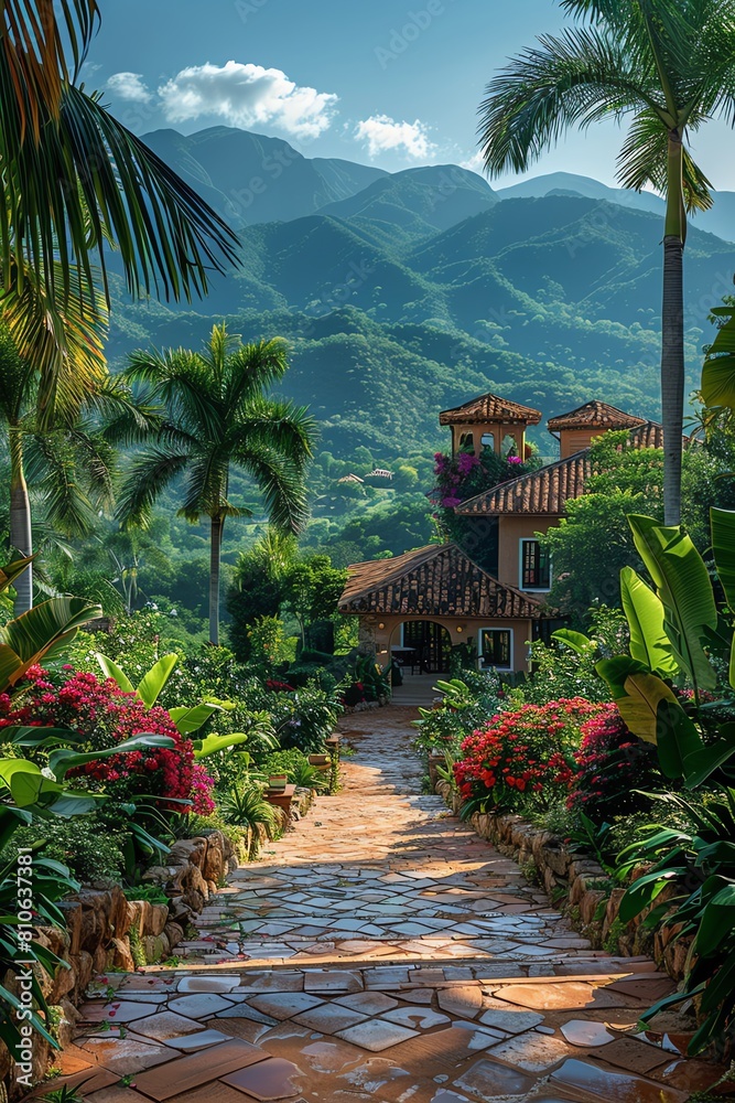 Capture the essence of Utopian Wellness Retreat in a panoramic landscape photo Show lush, vibrant gardens blooming with vitality under a serene, crystal-clear sky