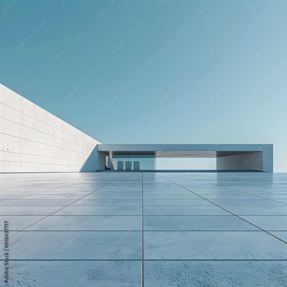 Obraz premium Serene Minimalist Modern Architecture Building with Crisp Lines and Geometric Shapes Against Clear Blue Sky