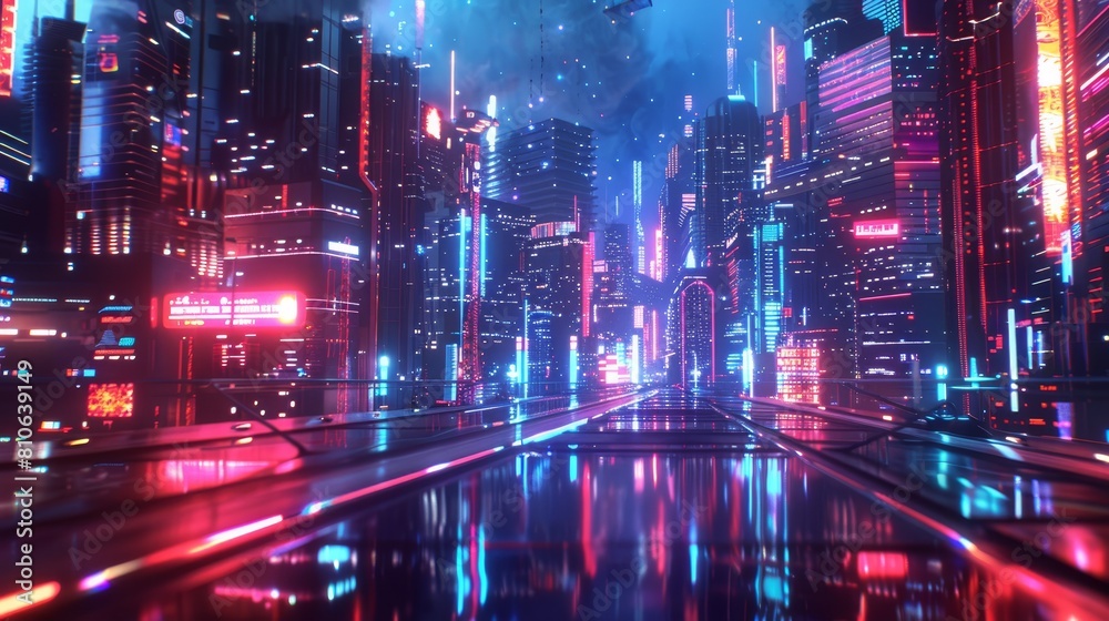 This 3D rendering portrays a futuristic cyberpunk city illuminated by vibrant neon lights, reflected in the wet pavement below. Glowing buildings and sleek urban design create a captivating scene, cap