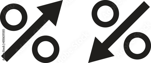 Percentage arrow up and down icon set isolated on white background . Cost reduction and increase sign . Vector illustration