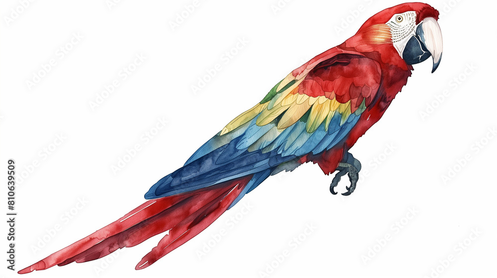 Fototapeta premium A colorful watercolor painting of a parrot on a white background. Perfect for tropical themes, this artwork features vivid feathers and realistic details