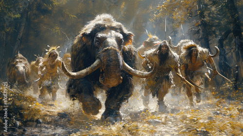 Ancient Ambush: Paleolithic Hunters Engage Mastodons - Dynamic Composition of Prehistoric Hunt photo