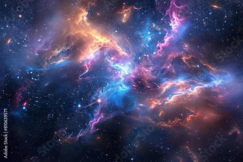 A vibrant nebula with swirling clouds of cosmic dust and gas in shades of blue  pink  and orange  illuminated by the light of countless stars in the depths of space. 