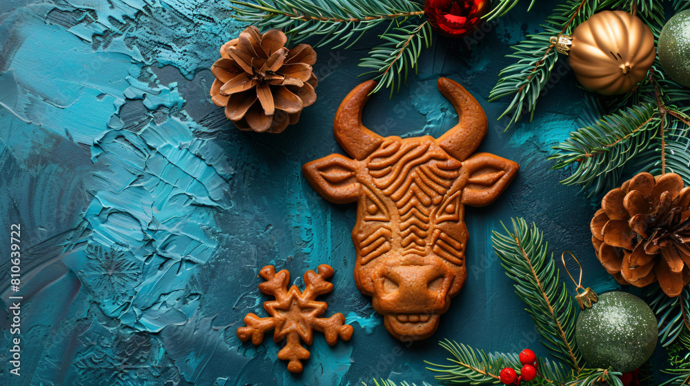 Tasty cookie in shape of bull and Christmas decor 