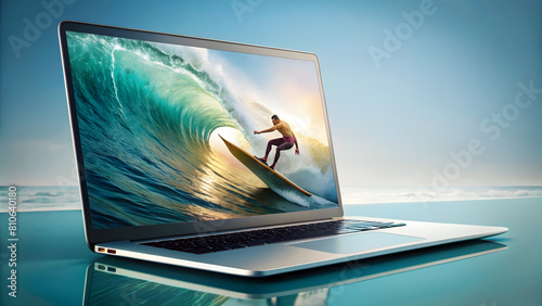 Surfboard Riding Success: Digital Venture Concept. Perfect for: Tech Startups, Digital Marketing Campaigns, Entrepreneurial Blogs photo