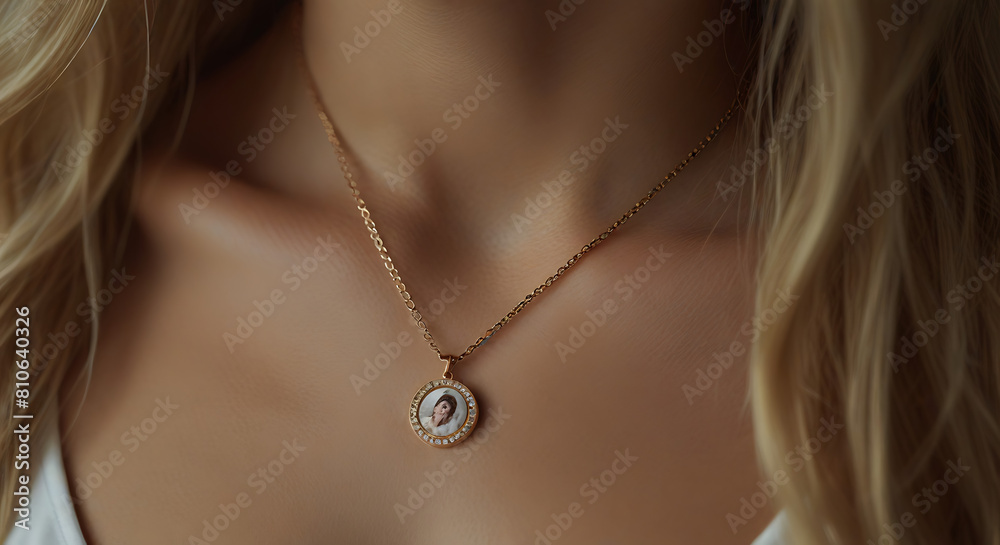 Woman wearing pendant chain mockup closeup of blonde model portrait, Fashion beauty subtle chain necklace for pendant jewelry mockup, 
