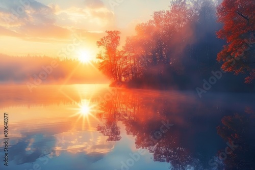  A vibrant sunrise paints the sky with fiery hues  casting a golden reflection on the tranquil lake. Silhouetted trees and a soft mist create a magical and serene atmosphere.