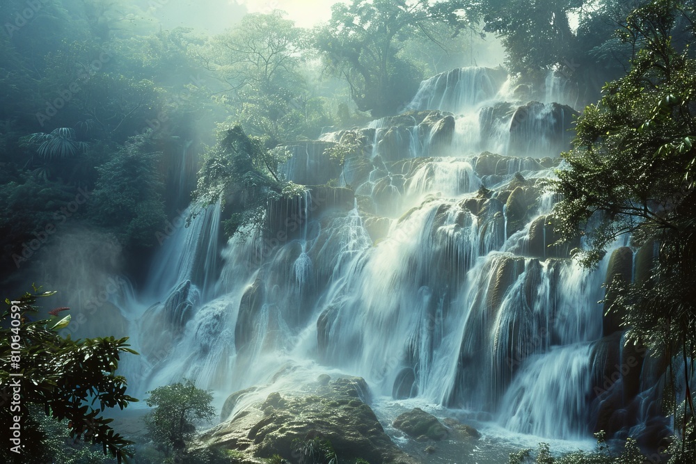 A breathtaking waterfall cascades down moss-covered rocks in a sunlit forest. Serene nature scenery with a tranquil atmosphere and the beauty of flowing water.
A breathtaking waterfall cascades down moss-covered rocks in a sunlit forest. Serene nature scenery with a tranquil atmosphere and the beauty of flowing water.