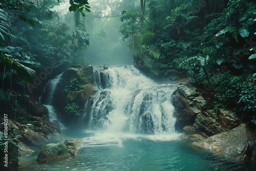 A picturesque waterfall cascades into a turquoise pool amidst a lush tropical jungle. Tranquil scenery capturing the beauty and serenity of a hidden paradise. 