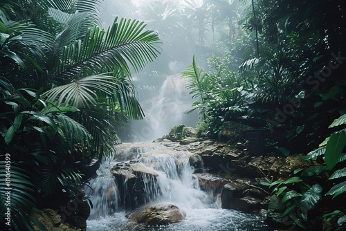 A misty waterfall cascades through lush greenery in a tropical jungle. Exotic scenery with a serene atmosphere  capturing the beauty of nature s paradise. 
