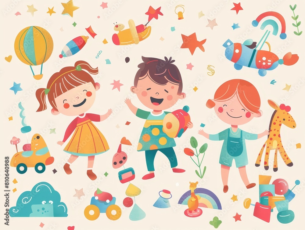A colorful illustration of happy children playing with various toys, including cars, airplanes, and stuffed animals, capturing the joy and imagination of childhood. A colorful illustration of happy children playing with various toys, including cars, airplanes, and stuffed animals, capturing the joy and imagination of childhood.