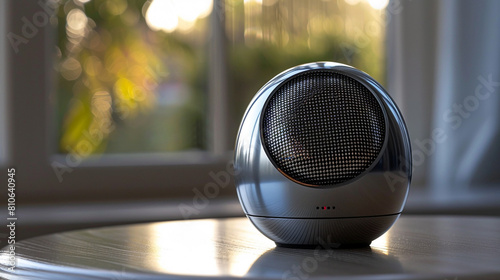 Compact Bluetooth speaker with sleek metallic finish, featuring built-in microphone for hands-free calling and wireless connectivity for streaming music from smartphones and tablets.