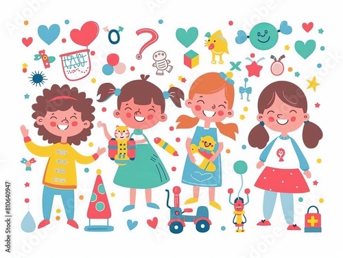 A cheerful illustration set with happy girls, toys, and playful elements, representing the joy of childhood, friendship, and imagination.