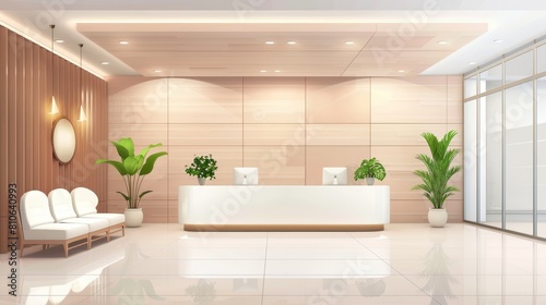 A modern office lobby interior with a white reception desk, comfortable waiting area, and elegant design featuring wood paneling and natural light. © MinMin