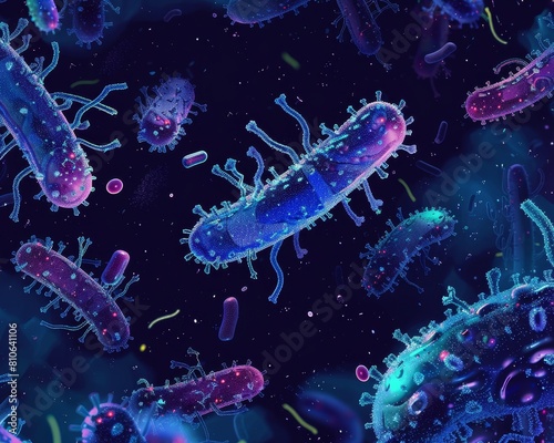 Microscopic view of various bacteria and viruses  showcasing diverse pathogenic microorganisms and infectious agents in a scientific background. 