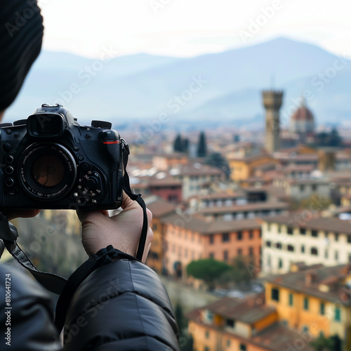 A person is holding a black camera and taking a photo of a town in the distance.   © Malik