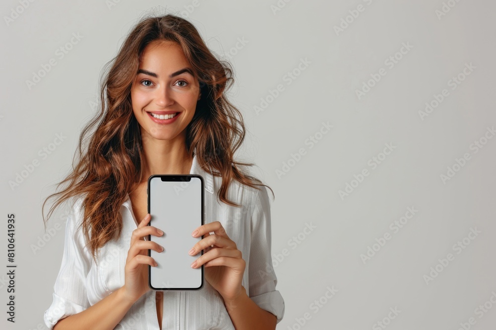Woman Showcasing Smartphone Mockup created with Generative AI Woman Showcasing Smartphone Mockup created with Generative AI