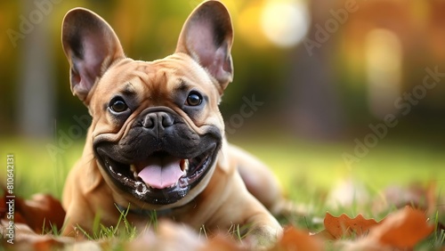 A joyful French Bulldog frolicking outdoors with carefree energy. Concept Outdoor Photoshoot, Playful Poses, Pet Photography, French Bulldog, Energetic Vibe photo