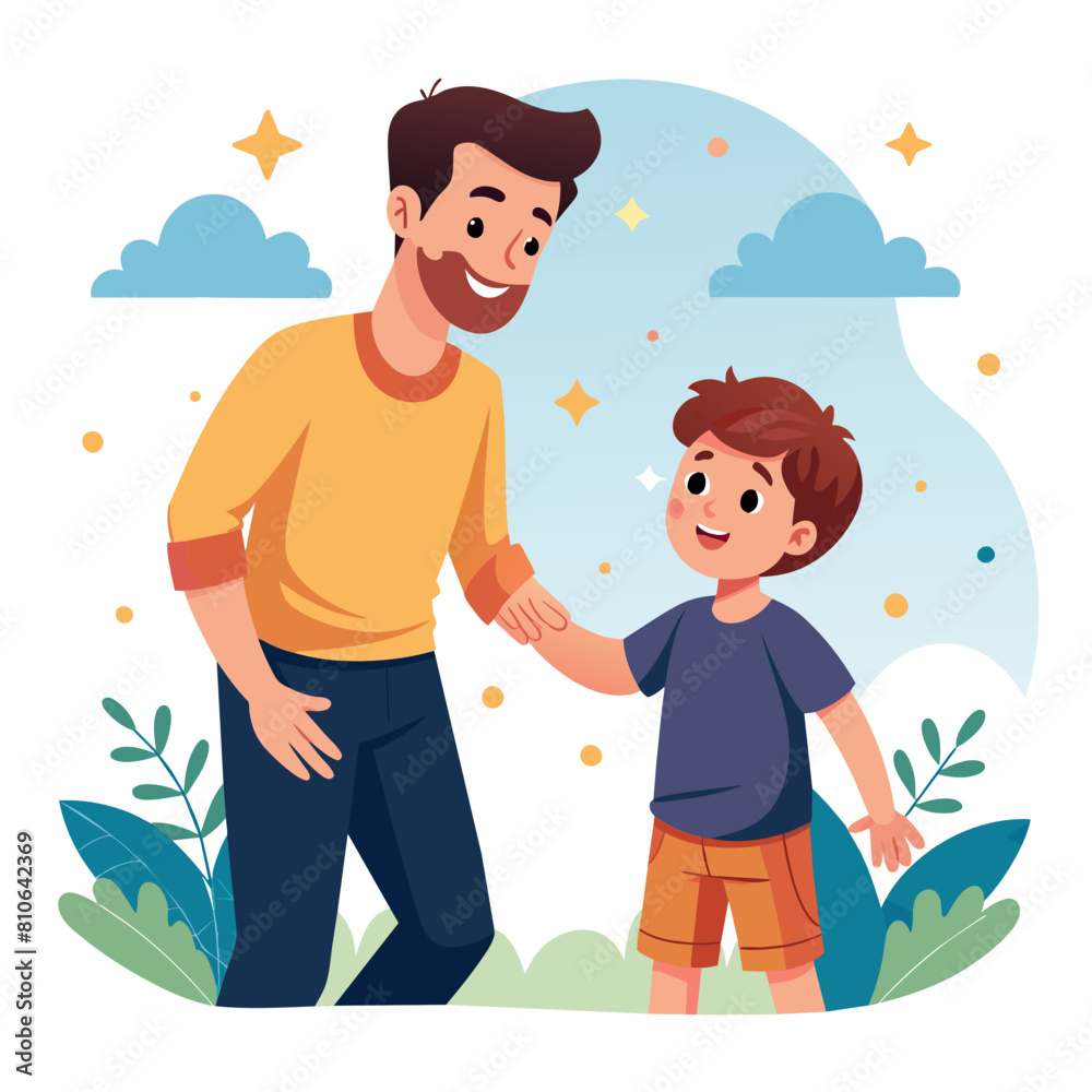 Father's day illustration walking father with his son