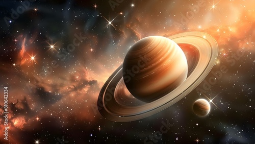 Saturn and Moon with Rings Amidst Stars and Nebulas in Space. Concept Space Photography, Celestial Objects, Saturn and Moon, Stars and Nebulas, Rings of Saturn