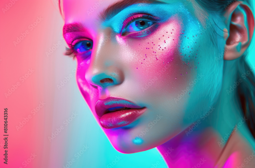 A beautiful korean woman with colorful makeup, neon colors, pink and blue light in the background, high contrast, closeup portrait photography