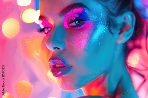 A beautiful korean woman with colorful makeup, neon colors, pink and blue light in the background, high contrast, closeup portrait photography © Kien