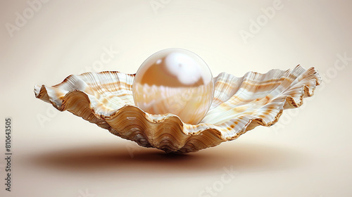 Pearl in a shell shines brigt, light background photo