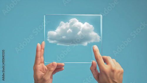 Hand hält transparente Glasscheibe mit schwebender Wolke vor blauem Hintergrund, Konzept für Cloud Computing photo