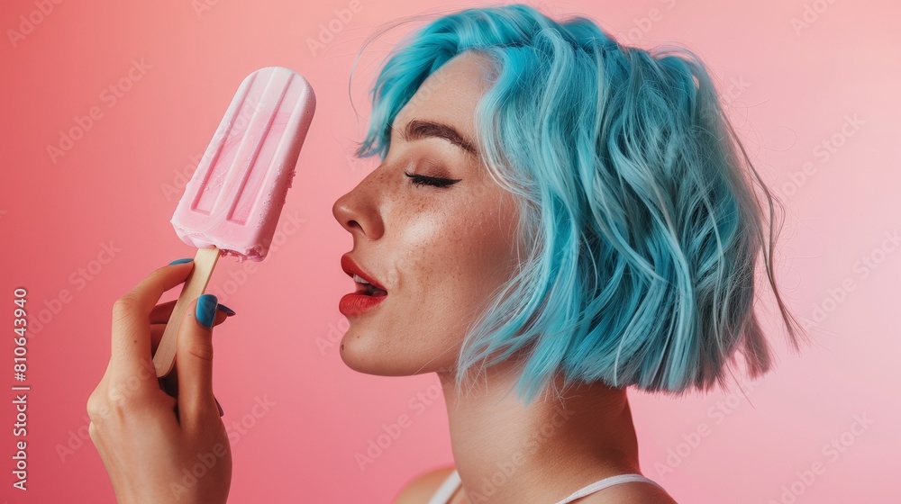 a young woman with blue hair eating a pink popsicle a young woman with blue hair eating a pink popsicle