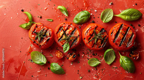 Tasty grilled tomatoes and basil on red background © Gefer