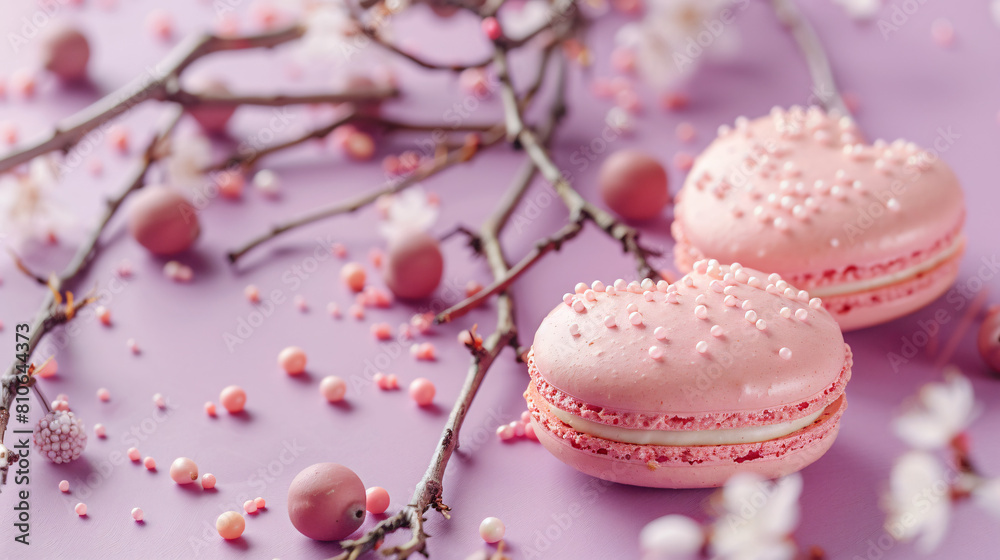 Tasty heart-shaped macaroons with beads and branches o