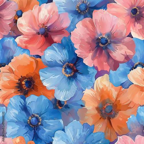 Seamless pattern of pink and blue flowers