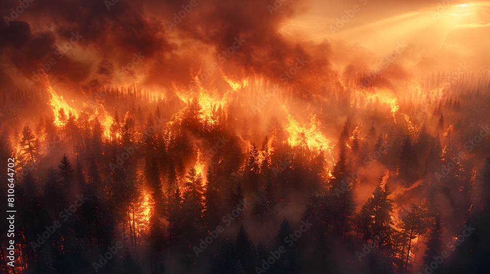 Aerial view of a devastating forest fire at dusk