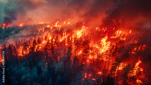 Aerial view of a devastating forest fire at dusk